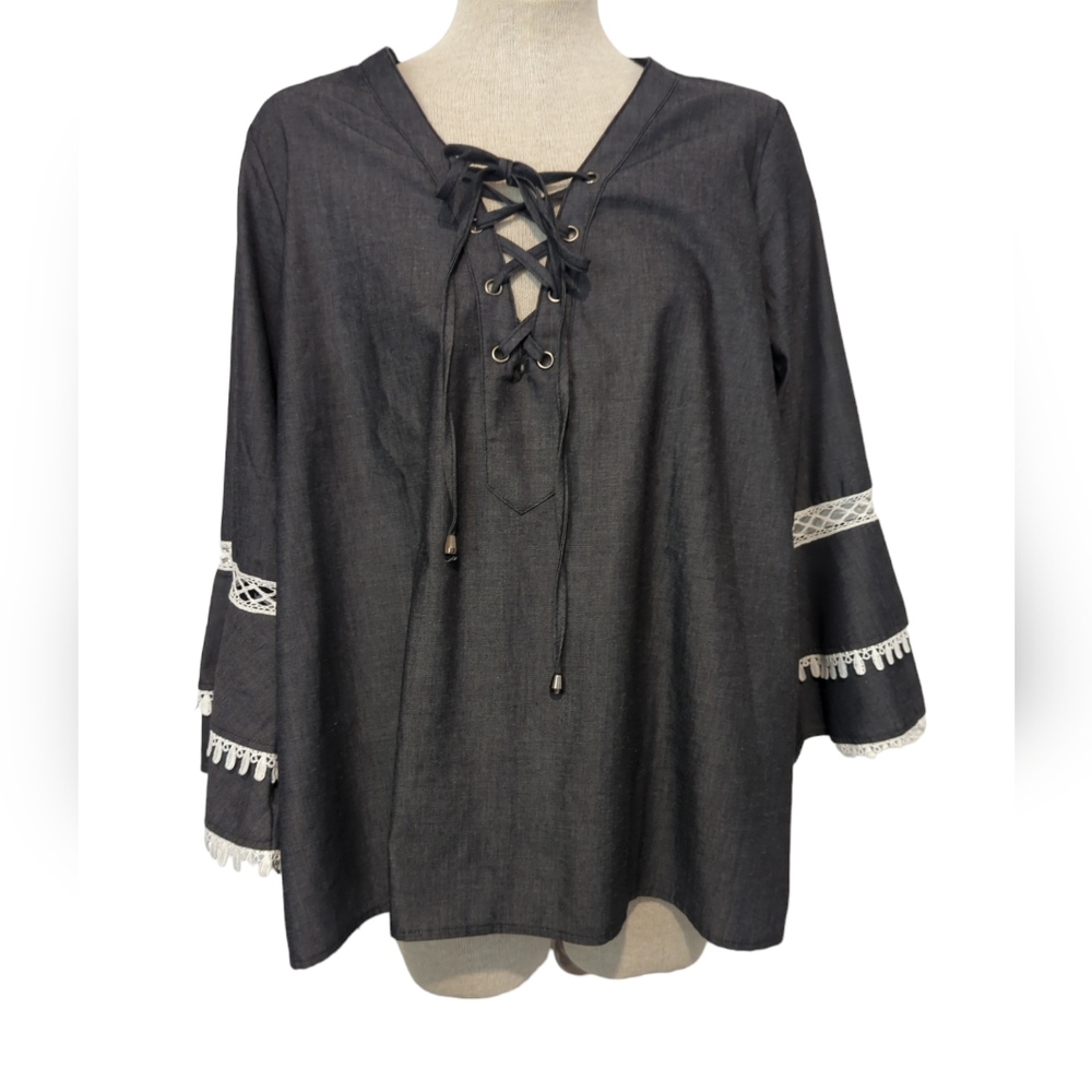 COC Womens 1X Curvy Fit Blouse Top Dark Gray Flare Fringe Sleeve Lace Up…